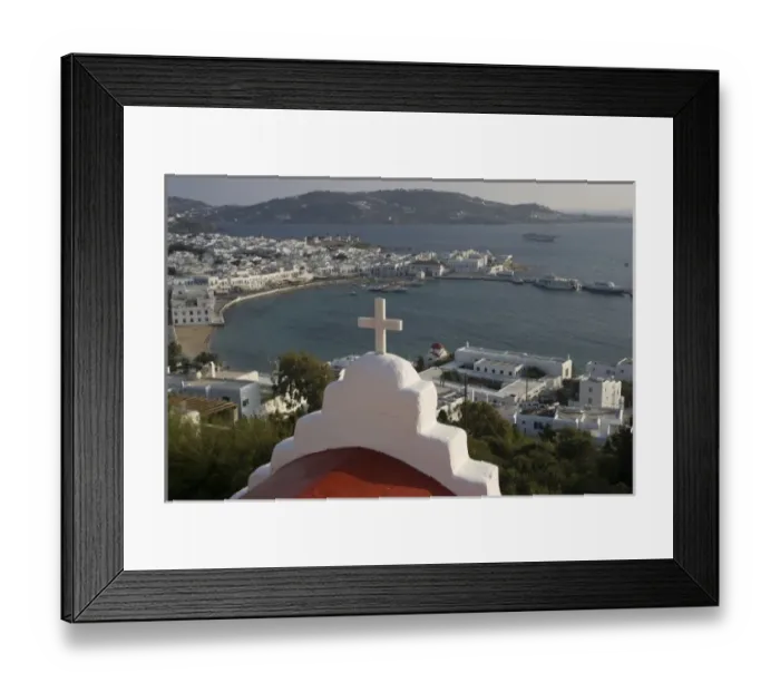 Framed Print : Greece, Mykonos, Hora. Greek Orthodox church and cross overlook harbor and town Framed Print : Greece, Mykonos, Hora. Greek Orthodox church and cross overlook harbor and town