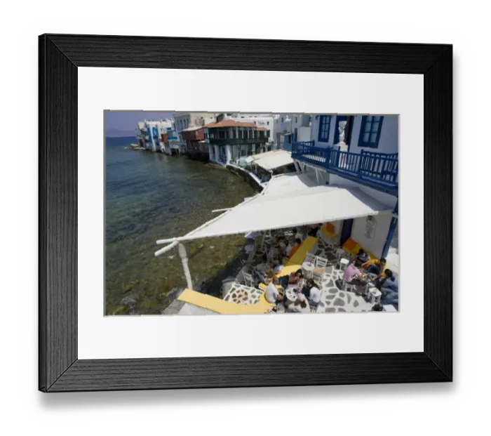 Framed Print : Europe, Greece, Mykonos, Hora. People socialize in cafes in Little Venice portion of city Framed Print : Europe, Greece, Mykonos, Hora. People socialize in cafes in Little Venice portion of city