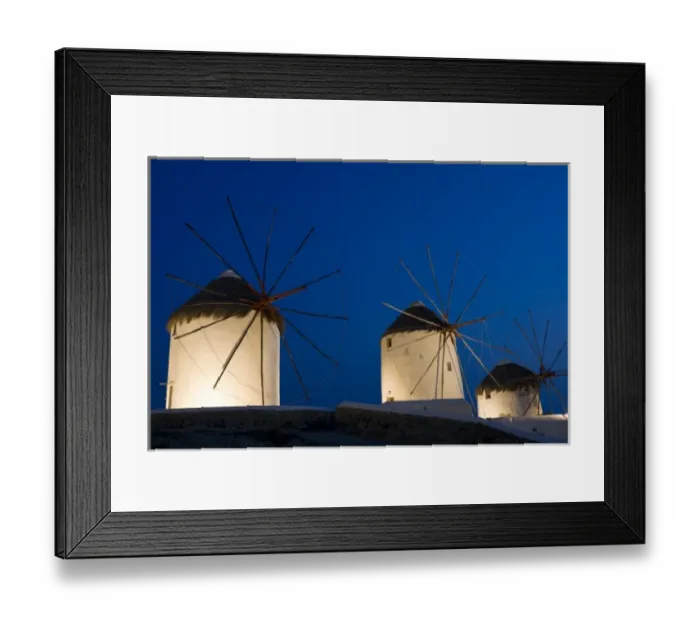 Framed Print : Greece, Mykonos, Hora. Three windmills lit at sunset