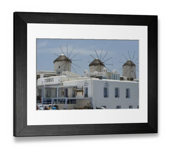 Framed Print : Greece, Mykonos, Hora. Zorbas restaurant with windmills in background Framed Print : Greece, Mykonos, Hora. Zorbas restaurant with windmills in background
