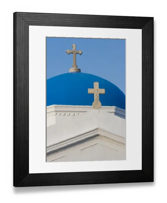 Framed Print : Greece, Mykonos. Blue Greek Orthodox church dome and crosses against blue sky