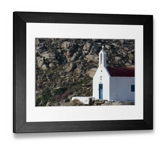Framed Print : Greece, Mykonos. Sunlit face of church with rocky hill in background Framed Print : Greece, Mykonos. Sunlit face of church with rocky hill in background