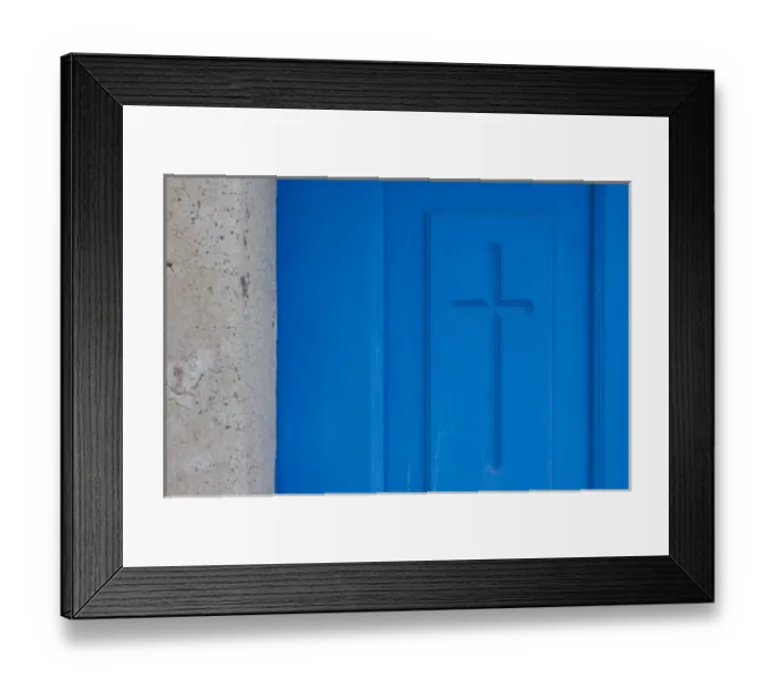 Framed Print : Greece, Santorini, Thira, Oia. Christian cross symbol engraved in blue door Framed Print : Greece, Santorini, Thira, Oia. Christian cross symbol engraved in blue door