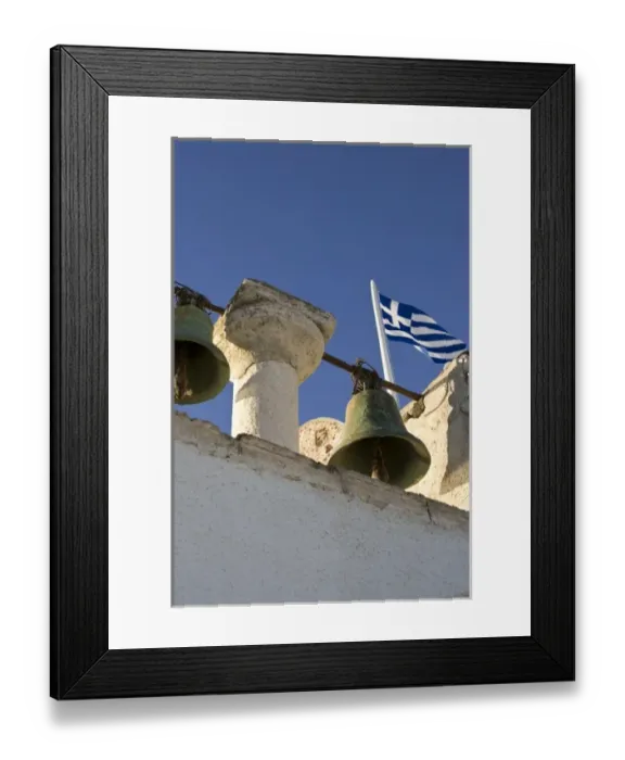 Framed Print : Greece, Santorini, Thira, Oia. Bells with Greek flag in background Framed Print : Greece, Santorini, Thira, Oia. Bells with Greek flag in background