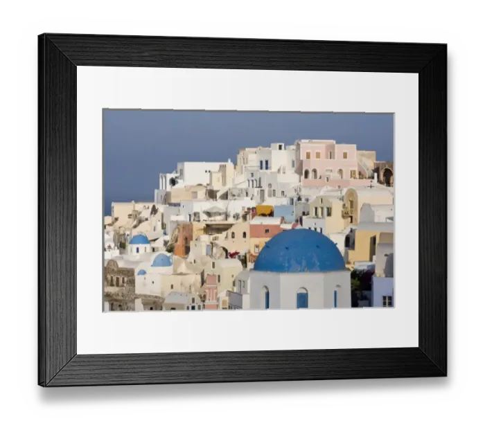 Framed Print : Greece, Santorini, Thira, Oia. Blue dome of Greek Orthodox church with town in the background Framed Print : Greece, Santorini, Thira, Oia. Blue dome of Greek Orthodox church with town in the background