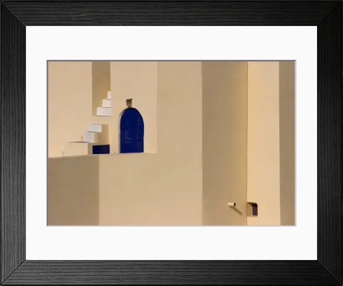 Framed Print : Greece, Santorini, Thira, Oia. Dark blue door contrasts with peach-colored building and white steps Framed Print : Greece, Santorini, Thira, Oia. Dark blue door contrasts with peach-colored building and white steps