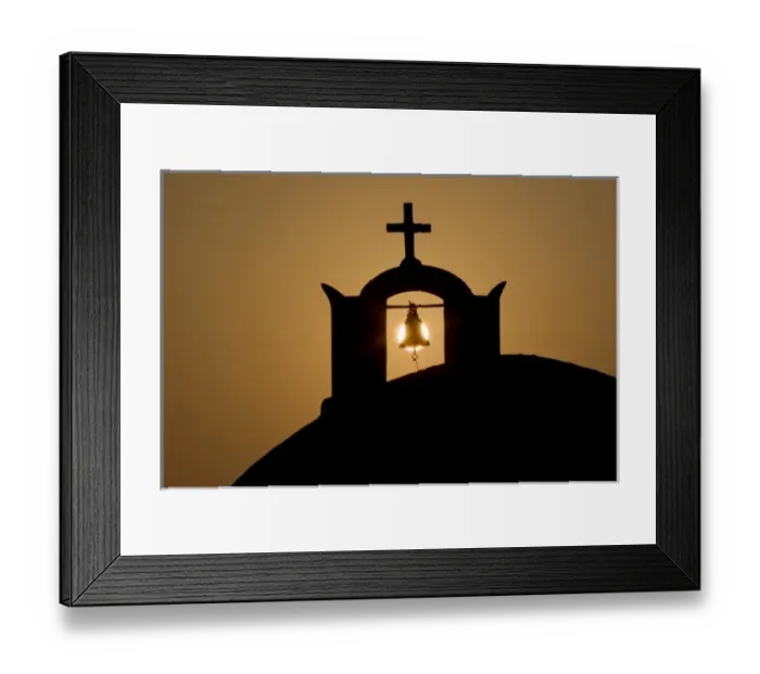 Framed Print : Greece, Santorini, Thira, Oia. Greek Orthodox church cross and bell tower in silhouette Framed Print : Greece, Santorini, Thira, Oia. Greek Orthodox church cross and bell tower in silhouette