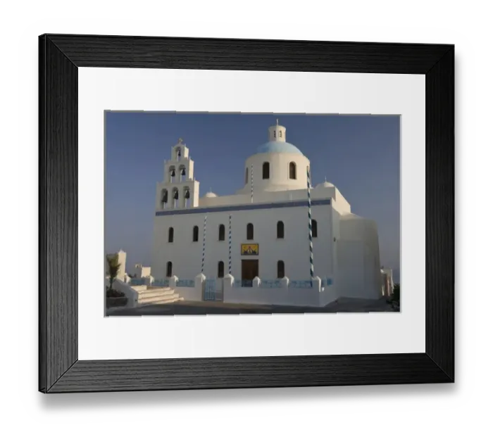 Framed Print : Greece, Santorini, Thira, Oia. Large Greek Orthodox church in main square with dome and bell tower Framed Print : Greece, Santorini, Thira, Oia. Large Greek Orthodox church in main square with dome and bell tower