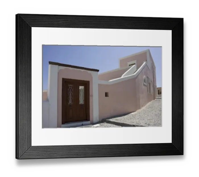 Framed Print : Greece, Santorini, Thira, Oia. Pink villa with wooden door Framed Print : Greece, Santorini, Thira, Oia. Pink villa with wooden door