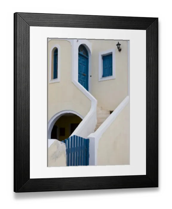 Framed Print : Greece, Santorini, Thira, Oia. Staircase leading from blue gate to blue door and window shutters Framed Print : Greece, Santorini, Thira, Oia. Staircase leading from blue gate to blue door and window shutters