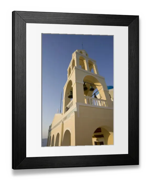 Framed Print : Greece, Santorini, Thira, Oia. Yellow facade and bell tower of Greek Orthodox church