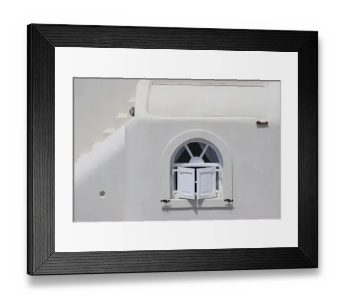 Framed Print : Greece, Santorini, Thira, Oia. White shuttered window in white wall and white stairs Framed Print : Greece, Santorini, Thira, Oia. White shuttered window in white wall and white stairs