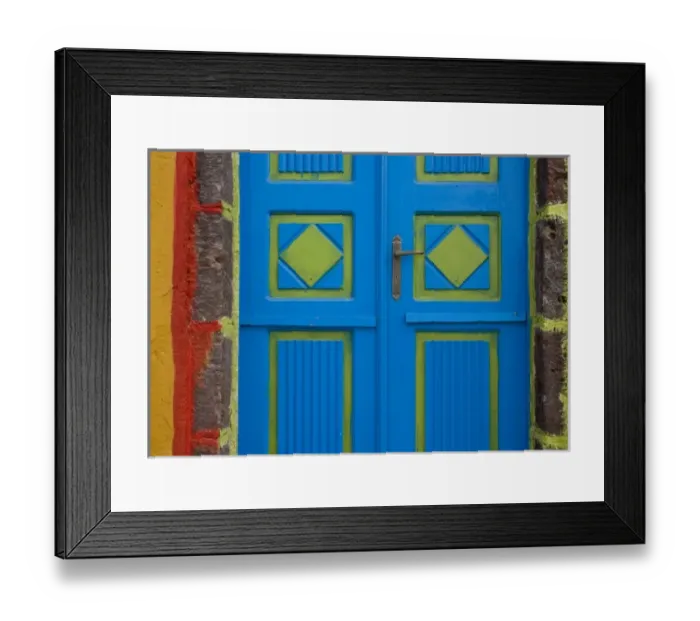 Framed Print : Greece, Santorini, Thira, Oia. Blue and lime green door colors