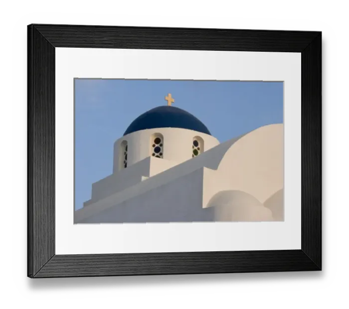 Framed Print : Greece, Santorini. White church with blue dome against blue sky Framed Print : Greece, Santorini. White church with blue dome against blue sky