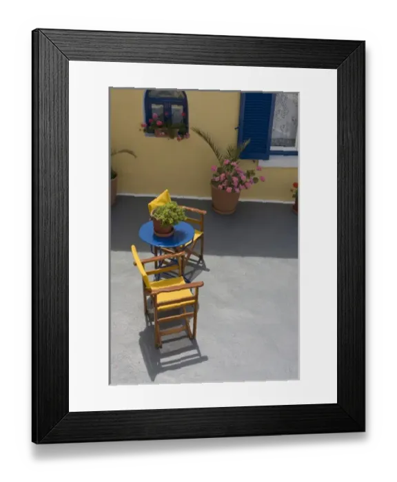 Framed Print : Greece, Santorini. Colorful patio and furniture Framed Print : Greece, Santorini. Colorful patio and furniture