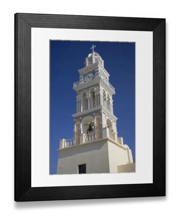 Framed Print : Greece, Santorini. Ornate church clock tower against clear blue sky Framed Print : Greece, Santorini. Ornate church clock tower against clear blue sky