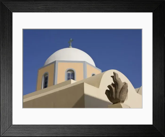 Framed Print : Greece, Santorini. Church dome against blue sky with small sculpture in foreground
