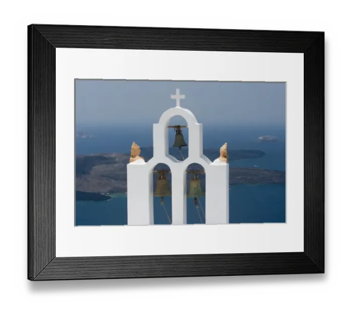 Framed Print : Greece, Santorini. White church bell tower with sea in background Framed Print : Greece, Santorini. White church bell tower with sea in background
