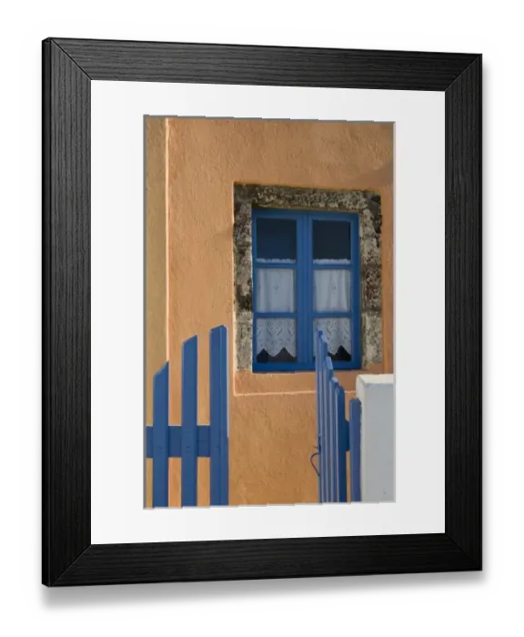 Framed Print : Greece, Santorini. Open blue gate and window in orange wall Framed Print : Greece, Santorini. Open blue gate and window in orange wall