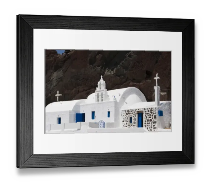 Framed Print : Greece, Santorini. White Greek Orthodox church starkly contrasts with red cliff Framed Print : Greece, Santorini. White Greek Orthodox church starkly contrasts with red cliff
