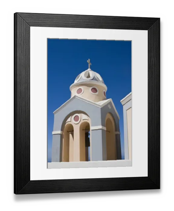 Framed Print : Greece, Santorini. Peach and grey church bell tower against clear blue sky Framed Print : Greece, Santorini. Peach and grey church bell tower against clear blue sky