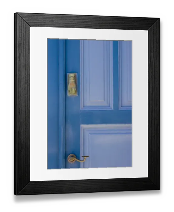 Framed Print : Greece, Santorini. Blue door with knocker in the shape of a hand Framed Print : Greece, Santorini. Blue door with knocker in the shape of a hand