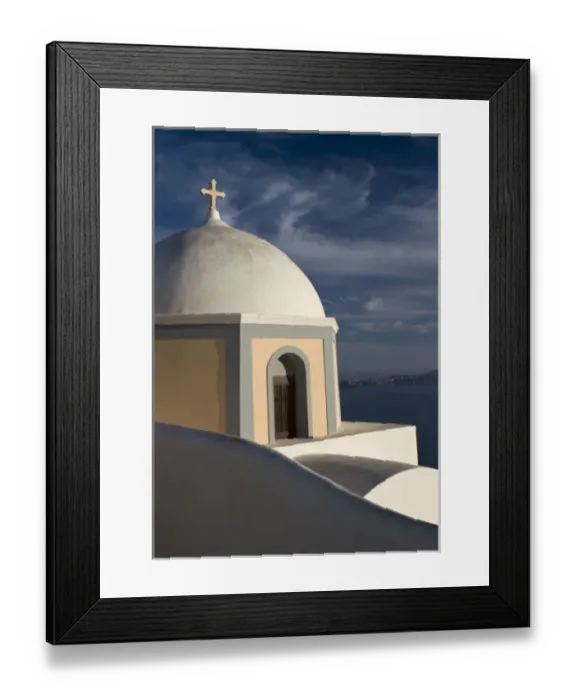 Framed Print : Greece, Santorini. Church dome against clouds and blue sky with Aegean Sea in background Framed Print : Greece, Santorini. Church dome against clouds and blue sky with Aegean Sea in background