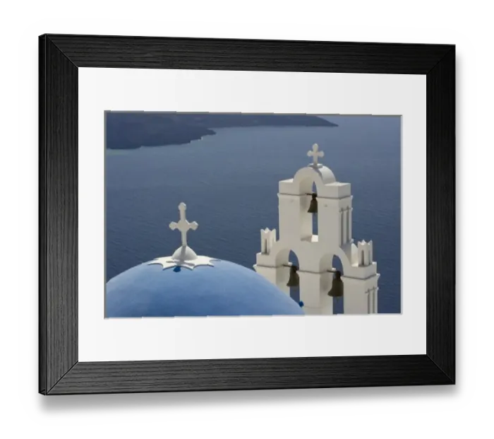 Framed Print : Greece, Santorini. Greek Orthodox church and white bell tower overlooking the Aegean Sea Framed Print : Greece, Santorini. Greek Orthodox church and white bell tower overlooking the Aegean Sea