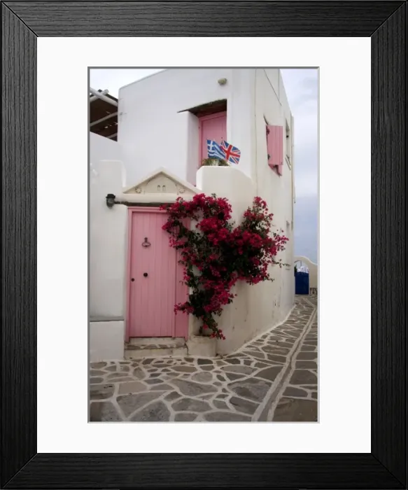 Framed Print : Greece, Paros, Marpissa. A restored traditional house with Greek and British flags Framed Print : Greece, Paros, Marpissa. A restored traditional house with Greek and British flags