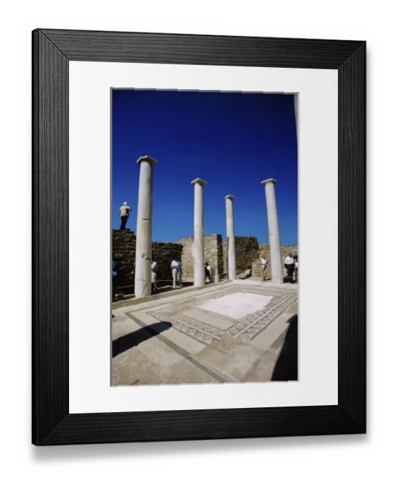 Framed Print : Greece, Aegean Sea, Delos. Greco-Roman ruins located along the Sacred Way, mosaic floor and columns Framed Print : Greece, Aegean Sea, Delos. Greco-Roman ruins located along the Sacred Way, mosaic floor and columns