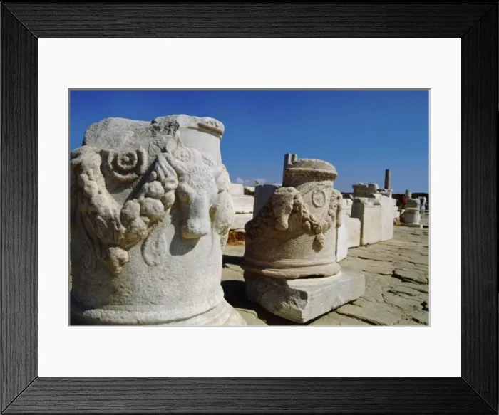 Framed Print : Greece, Aegean Sea, Delos. Ancient Greco-Roman ruins. Carved bull heads on white Framed Print : Greece, Aegean Sea, Delos. Ancient Greco-Roman ruins. Carved bull heads on white