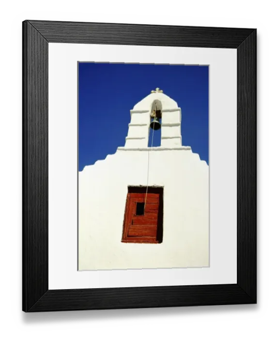Framed Print : Greece, Aegean Sea, Mykonos. Typical white island church tower with bell and red door Framed Print : Greece, Aegean Sea, Mykonos. Typical white island church tower with bell and red door