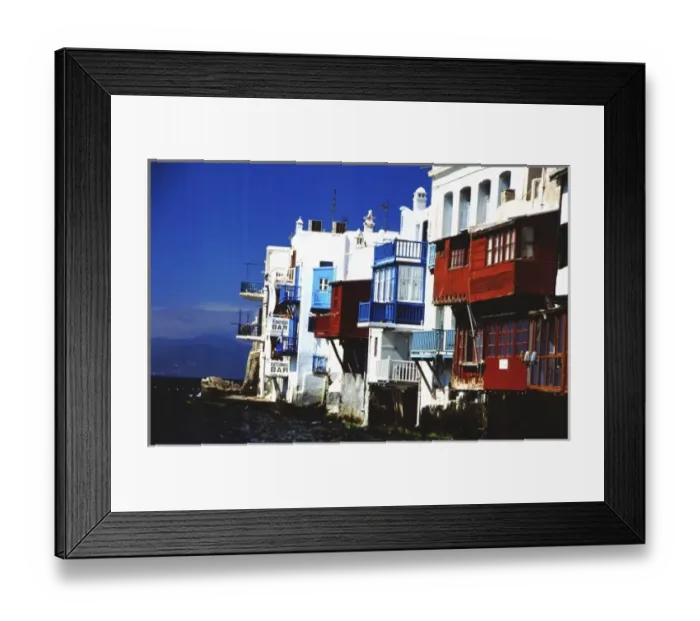 Framed Print : Greece, Aegean Sea, Mykonos. Waterfront homes and businesses on the edge of the Aegean Sea