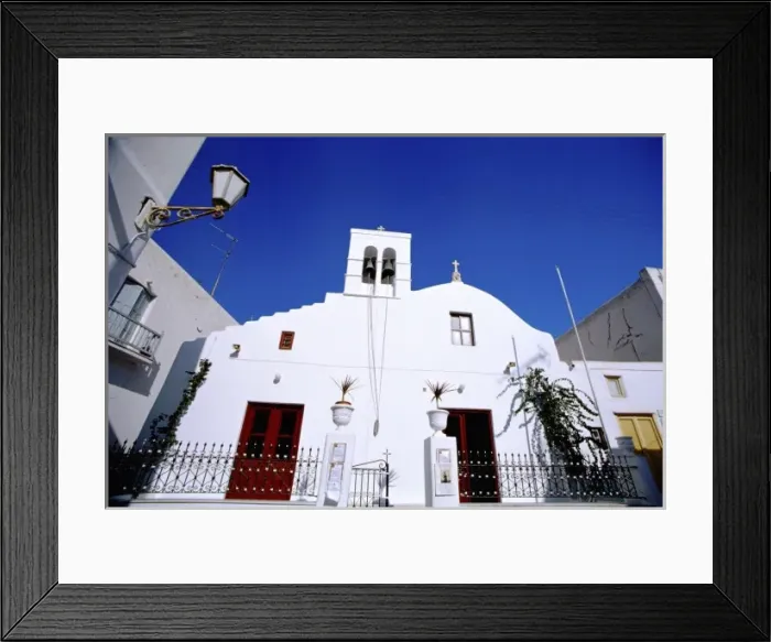 Framed Print : Greece, EU, Aegean Sea, Mykonos. Typical street scene, white church Framed Print : Greece, EU, Aegean Sea, Mykonos. Typical street scene, white church