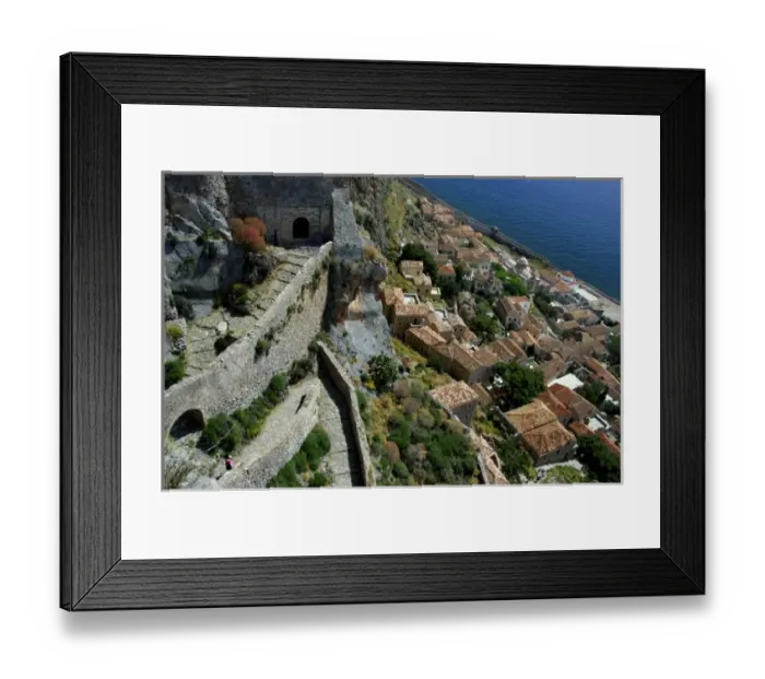 Framed Print : Europe, Greece, Peloponnese, Monemvasia (single entrance). Medieval zig-zag path Framed Print : Europe, Greece, Peloponnese, Monemvasia (single entrance). Medieval zig-zag path
