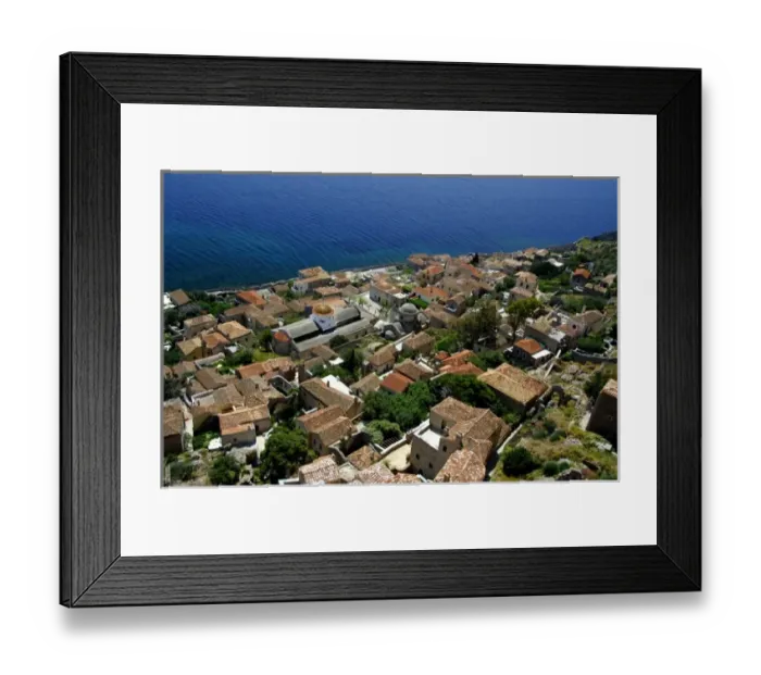 Framed Print : Europe, Greece, Peloponnese, Monemvasia (single entrance). View overlooking the old Framed Print : Europe, Greece, Peloponnese, Monemvasia (single entrance). View overlooking the old