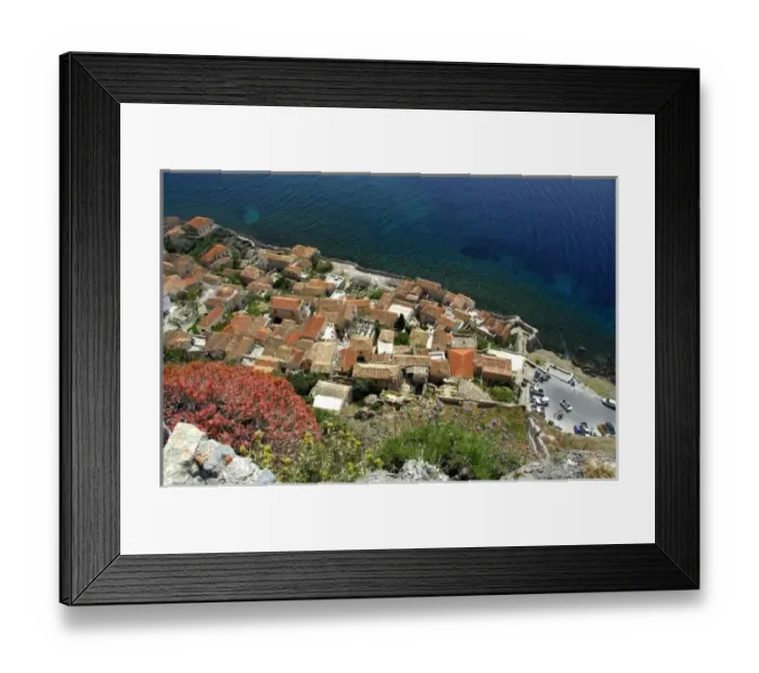 Framed Print : Europe, Greece, Peloponnese, Monemvasia (single entrance). View overlooking the old city main gate Framed Print : Europe, Greece, Peloponnese, Monemvasia (single entrance). View overlooking the old city main gate