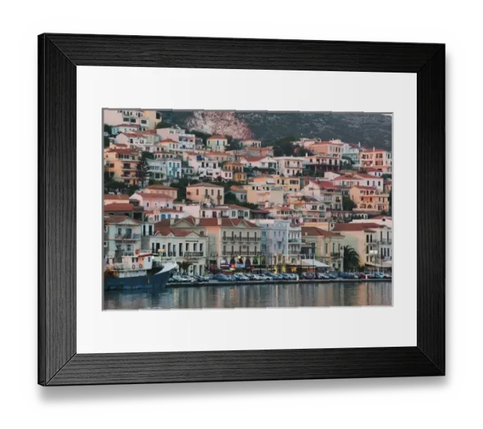 Framed Print : GREECE, Northeastern Aegean Islands, SAMOS, Vathy (Samos Town): Sunset Light on Harborfront Framed Print : GREECE, Northeastern Aegean Islands, SAMOS, Vathy (Samos Town): Sunset Light on Harborfront