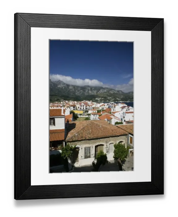 Framed Print : GREECE, Northeastern Aegean Islands, SAMOS, Kokkari: Resort Town with Mountain Mist Framed Print : GREECE, Northeastern Aegean Islands, SAMOS, Kokkari: Resort Town with Mountain Mist
