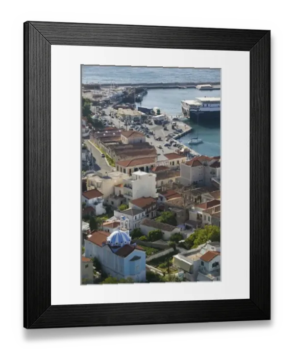 Framed Print : GREECE, Northeastern Aegean Islands, SAMOS, Karlovasi: Port View with Greek Island Ferry
