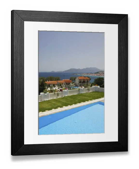 Framed Print : GREECE, Northeastern Aegean Islands, SAMOS, Kokkari: Swimming Pool View of Kokkari