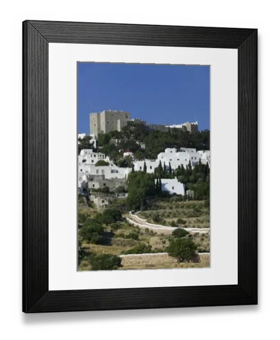 Framed Print : GREECE, Dodecanese Islands, PATMOS, Hora: Hillside Town View and Monastery of St Framed Print : GREECE, Dodecanese Islands, PATMOS, Hora: Hillside Town View and Monastery of St