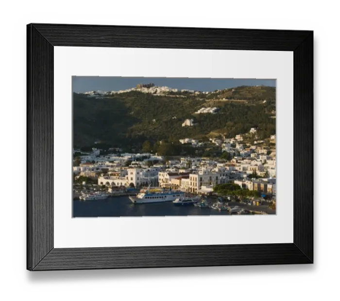 Framed Print : GREECE, Dodecanese Islands, PATMOS, Skala: View of Harbor & Hilltop Monastery of St Framed Print : GREECE, Dodecanese Islands, PATMOS, Skala: View of Harbor & Hilltop Monastery of St
