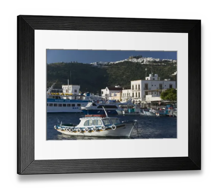 Framed Print : GREECE, Dodecanese Islands, PATMOS, Skala: View of Harbor & Hilltop Monastery of St Framed Print : GREECE, Dodecanese Islands, PATMOS, Skala: View of Harbor & Hilltop Monastery of St