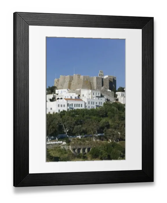 Framed Print : GREECE, Dodecanese Islands, PATMOS, Skala: View of Harbor & Hilltop Monastery of St Framed Print : GREECE, Dodecanese Islands, PATMOS, Skala: View of Harbor & Hilltop Monastery of St