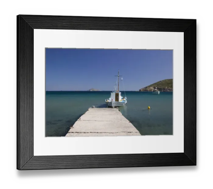 Framed Print : GREECE, Dodecanese Islands, PATMOS, Agriolivadi Bay: Small Boat on Agriolivadi Bay Framed Print : GREECE, Dodecanese Islands, PATMOS, Agriolivadi Bay: Small Boat on Agriolivadi Bay