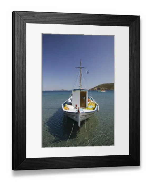 Framed Print : GREECE, Dodecanese Islands, PATMOS, Agriolivadi Bay: Small Boat on Agriolivadi Bay Framed Print : GREECE, Dodecanese Islands, PATMOS, Agriolivadi Bay: Small Boat on Agriolivadi Bay