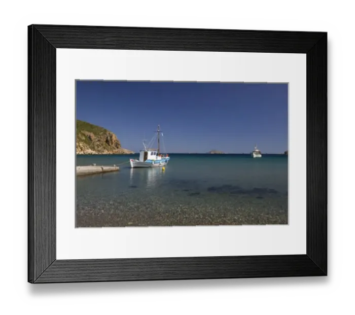 Framed Print : GREECE, Dodecanese Islands, PATMOS, Agriolivadi Bay: Small Boat on Agriolivadi Bay Framed Print : GREECE, Dodecanese Islands, PATMOS, Agriolivadi Bay: Small Boat on Agriolivadi Bay