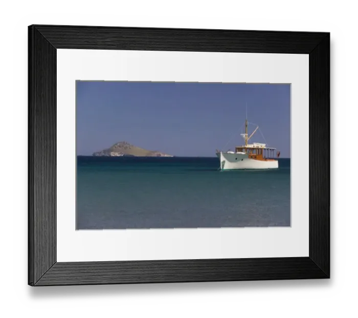 Framed Print : GREECE, Dodecanese Islands, PATMOS, Agriolivadi Bay: Small Boat on Agriolivadi Bay Framed Print : GREECE, Dodecanese Islands, PATMOS, Agriolivadi Bay: Small Boat on Agriolivadi Bay