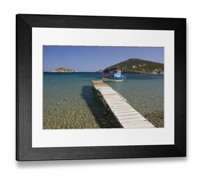 Framed Print : GREECE, Dodecanese Islands, PATMOS, Kampos: Shore view with small boat / Livadi Geranos Framed Print : GREECE, Dodecanese Islands, PATMOS, Kampos: Shore view with small boat / Livadi Geranos